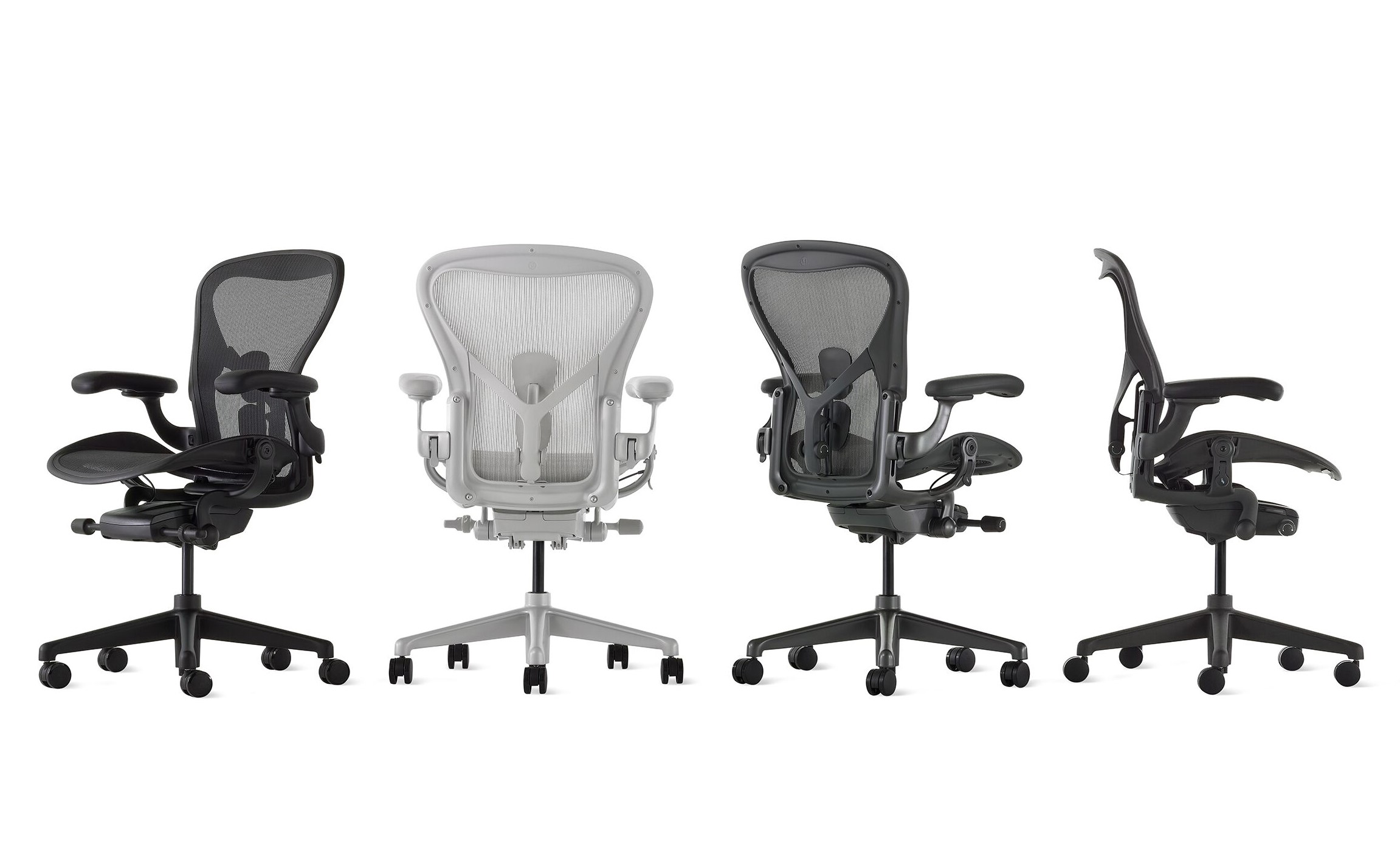Cadeira ergonômica Herman Miller Aeron exibida em diferentes ângulos, destacando estrutura em malha respirável, suporte lombar e ajustes ergonômicos.