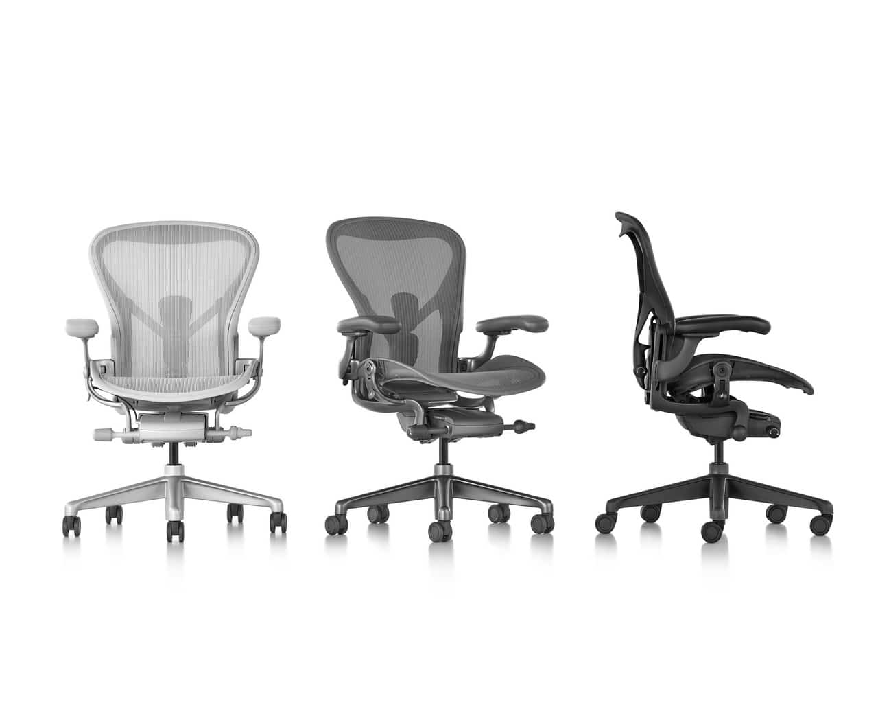 três cores da cadeira ergonômica Aeron. Branco, cinza e preto