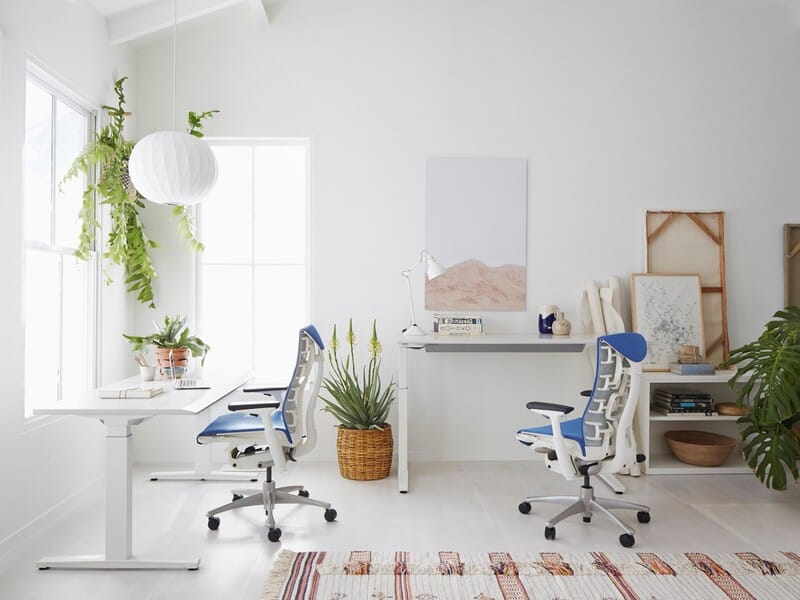 Escritório moderno com plantas e móveis minimalistas.