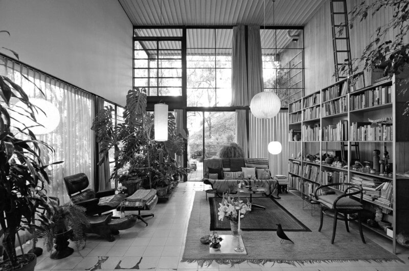 Sala de estar moderna com plantas e livros.