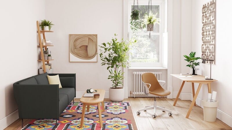 Sala de estar moderna com plantas e decoração minimalista