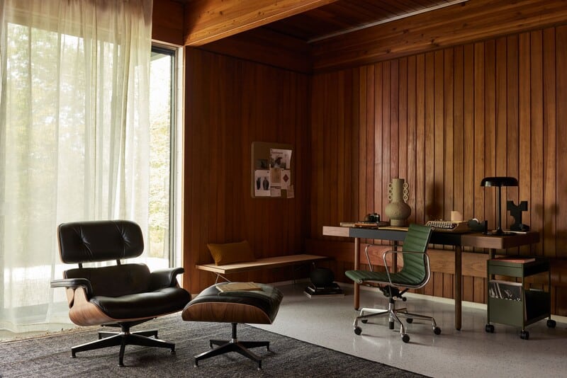 Sala moderna com móveis elegantes em madeira e estilo minimalista